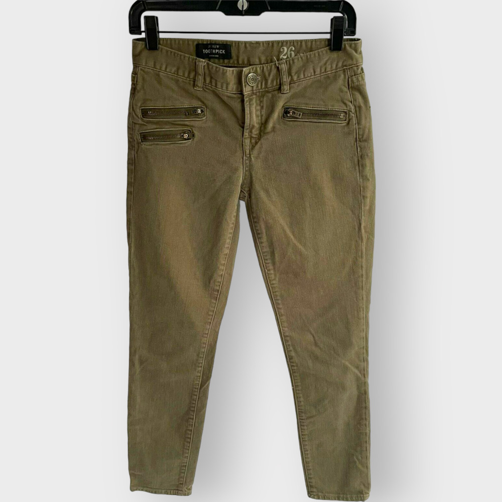J.Crew Toothpick Jeans Military Green Zipper Pockets Ankle Crop Cotton Blend 26